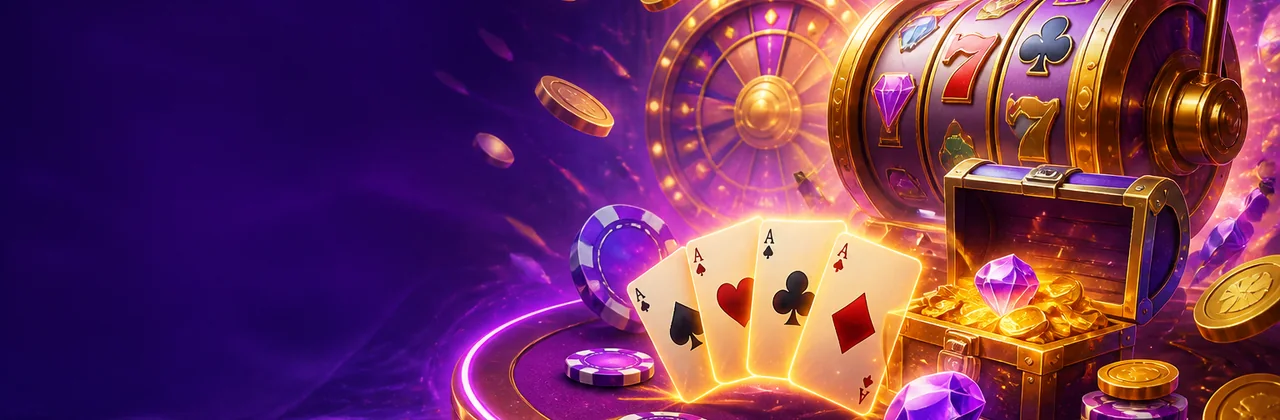 Bàn game bài và máy nổ hũ với đồng xu vàng trong ánh sáng tím
